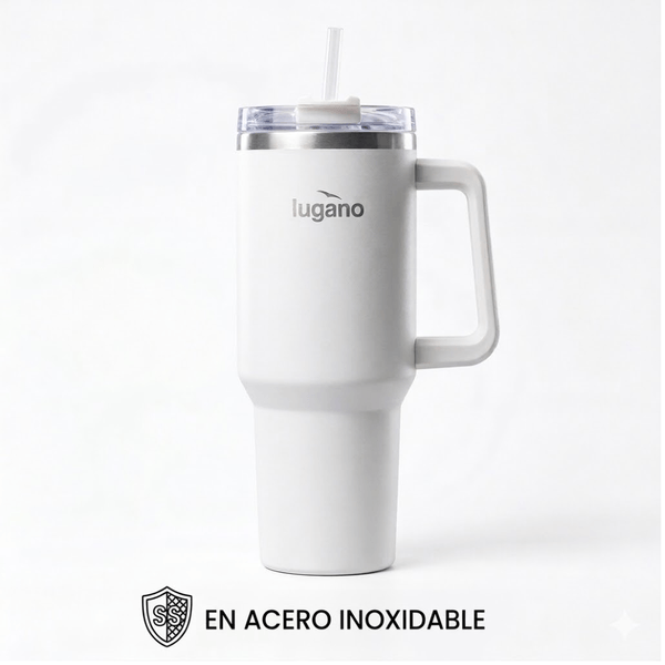 Termo Lugano de 1200ML tipo Tumbler con Asa y Tapa Hermética en Acero Inoxidable Blanco